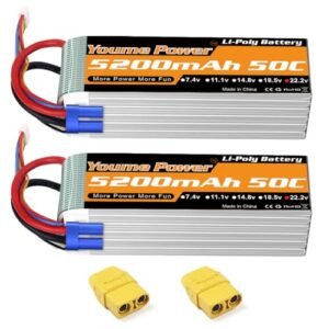 Youme 2Packs 6S 22.2V 5200mAh 50C RC Lipo Battery with EC5 and XT90 Plug for Pathfinder RC Truck and Other Hobby Vehicles