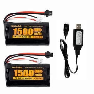 Cecicebb 7.4V 1500mAh li-ion Battery SM Plug for H105 H103 H101 Remote Control RC Boat 2 Pack with USB Charger