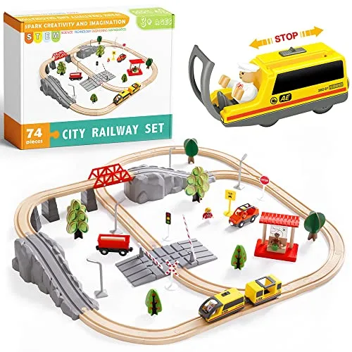 Playmobil RC Train Battery Operated Wooden Railway Set Compatible with Major Brands for Kids 3+ Years