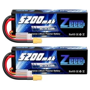 Zeee 2S 5200mAh 7.4V 80C RC Car Lipo Battery Fire Safe with XT60 Plug Hard Case for 1/8 1/10 RC Vehicles Drone 2 Packs