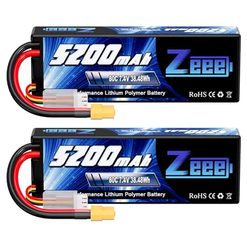 Zeee 2S 5200mAh 7.4V 80C RC Car Lipo Battery Fire Safe with XT60 Plug Hard Case for 1/8 1/10 RC Vehicles Drone 2 Packs