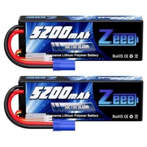 Zeee 2S 5200mAh 7.4V 50C Lipo Battery Hard Case with EC5 Plug for 1/8 1/10 RC Vehicles Including RC Truggy Wheels 2 Pack