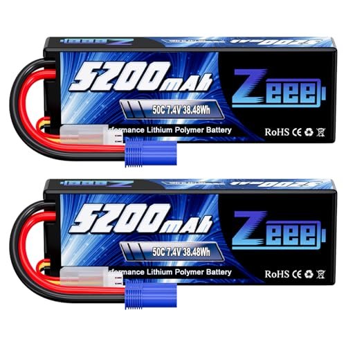 Zeee 2S 5200mAh 7.4V 50C Lipo Battery Hard Case with EC5 Plug for 1/8 1/10 RC Vehicles Including RC Truggy Wheels 2 Pack