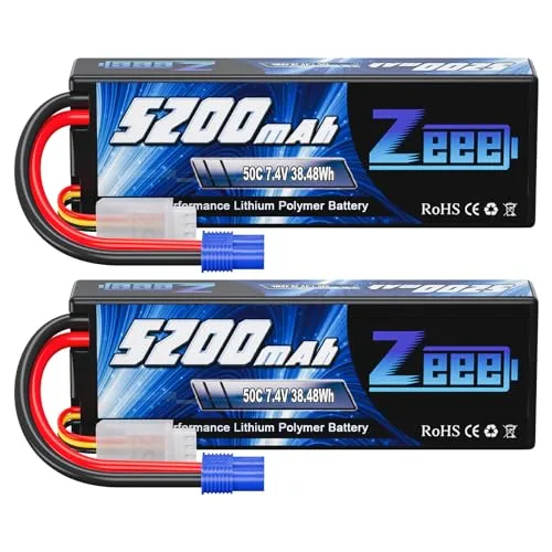 Zeee 18650 Battery RC Car 2S 5200mAh 7.4V 50C Hard Case Lipo Battery with EC3 Plug for 1/8 1/10 RC Vehicles