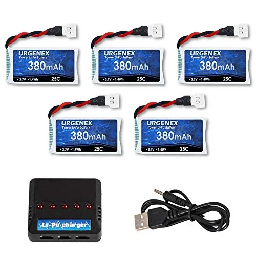 URGENEX 3.7V Drone Battery 380mAh 25C 1S Lipo Battery for RC 800 Aircraft SYMA Holy Stone Quadcopter 5PCS with 5in1 Charger