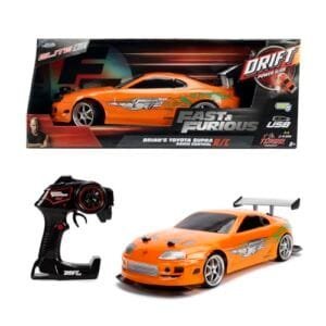 Jada Toys Fast and Furious 1/10 Scale Toyota Supra RC Car Drift Slide Remote Control Vehicle with Extra Tires 2.4GHz for Kids and Adults Orange and Black