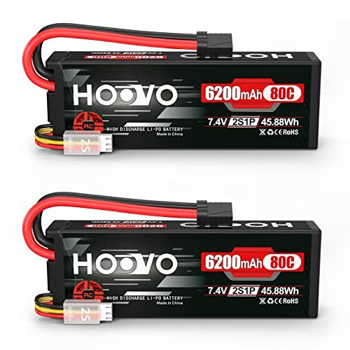 HOOVO 7.4V 80C 6200mAh 2S Lipo Battery Hard Case with Tracxas Plug for RC Lego Tow Truck and Other RC Vehicles 2 Pack