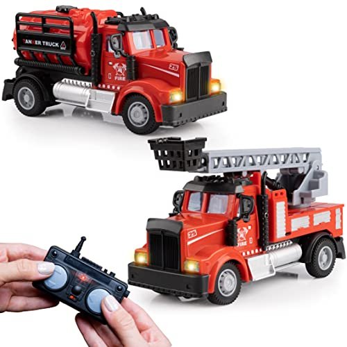 Force1 Mini RC Fire Truck with Water Cannon 2 Pack Remote Control Toy Set for Kids Rechargeable 2.4GHz Firetruck with Lights and Functional Ladder