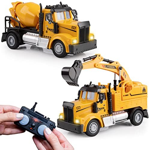 Force1 Mini RC Cement Truck and Scoop Set 2 Pack with 2.4GHz Remote Controls Bright LEDs and Rechargeable Batteries