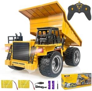 2.4G RC Construction Bulldozer Toy 6 Channel Remote Control Dump Truck Alloy Metal Vehicle with 2 Rechargeable Batteries for Kids Birthday Gift