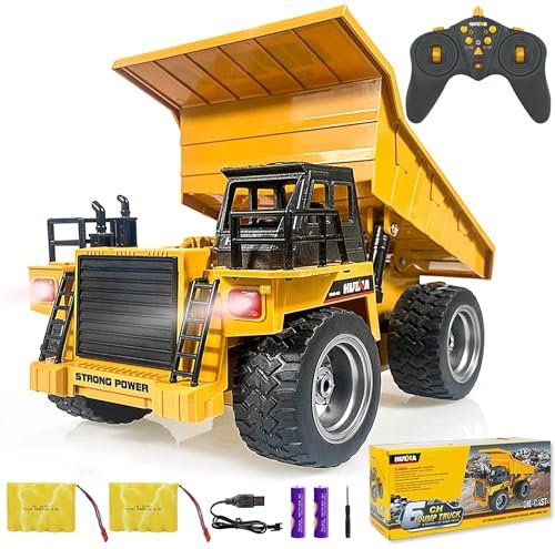2.4G RC Construction Bulldozer Toy 6 Channel Remote Control Dump Truck Alloy Metal Vehicle with 2 Rechargeable Batteries for Kids Birthday Gift