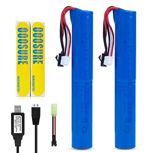 OooSure 2 Pack 7.4V 2000mAh Batteries for SRB1200 SRB400 MP5K M4 M110 Compatible with Hooked Hobby and RC Airsoft Guns