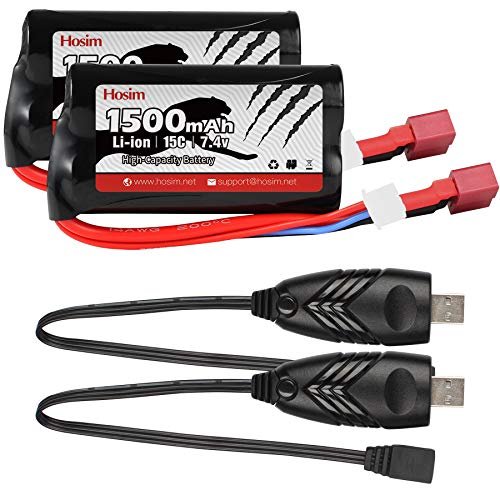 Hosim 2pcs 7.4V 1500mAh Li ion Rechargeable Battery with 2A USB Charger for RC Cars Jumper T16 Evader BX Truck Airplane UAV