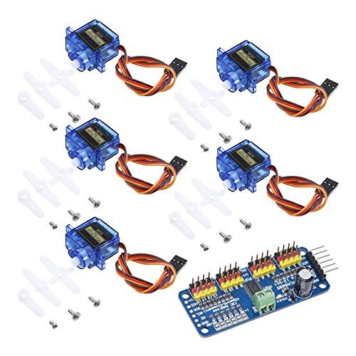 ALAMSCN 5PCS SG90 9g Servo Motor and 16 Channel PWM Servo Motor Driver PCA9685 IIC Module Kit for RC Helicopter Exceed and DIY Projects
