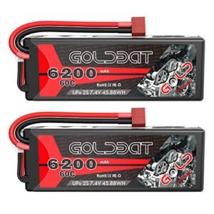 GOLDBAT 6200mAh 2S 60C 7.4V RC LiPo Battery Pack Hard Case with T Connector for RC Tesla Truck and Other Vehicles 2 Pack