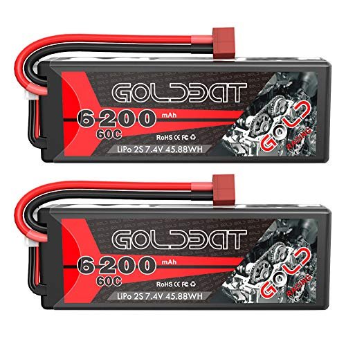 GOLDBAT 6200mAh 2S 60C 7.4V RC LiPo Battery Pack Hard Case with T Connector for RC Tesla Truck and Other Vehicles 2 Pack
