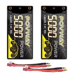 POVWAY 2S Shorty Lipo 5000mAh 7.4V 50C Hardcase Battery with 4mm Bullet T Plug for 1/10 Scale RC Trophy Trucks Cars Boats 2 Pack