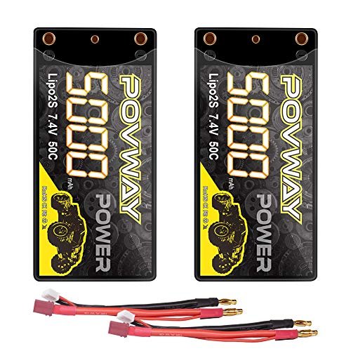 POVWAY 2S Shorty Lipo 5000mAh 7.4V 50C Hardcase Battery with 4mm Bullet T Plug for 1/10 Scale RC Trophy Trucks Cars Boats 2 Pack