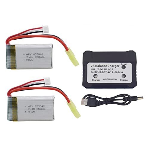 Sea Jump 7.4V 850mAh Lithium Battery 2PCS with 2in1 Charger Compatible with 9300 9301E 9302E 9303E 9034E 9305E 9310 9201E 2.4G 1/18 RC Cars