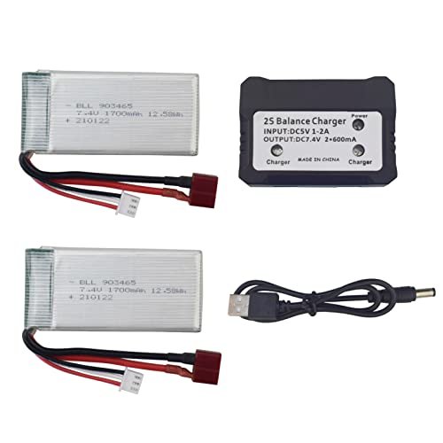 Fytoo 2PCS 7.4V 1700mah Lithium Battery with 1PCS 2 in 1 Charger for 9200 9200E 9205E 9202E 9203E 9204E 9206E HB101 2.4G 1:10 Full-Scale RC Four-Wheel Drive High-Speed Off-Road Remote Control car