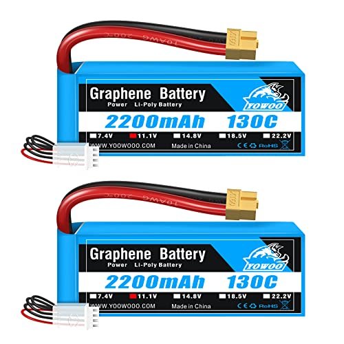 Yowoo 2 Pack 3S Lipo Battery 2200mAh 11.1V 130C Graphene for RC Planes Flite Test E flite Valiant Parkzone E4F Wildcat