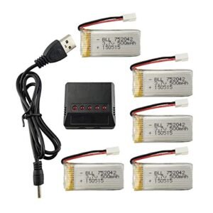 5PCS 3.7V 500mAh 25C LiPo Battery with 5 in 1 Charger for Nitro RC Truck in Snow and Drones JJRC Hubsan SYMA