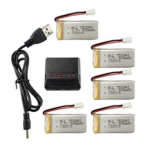 5PCS 3.7V 500mAh 25C LiPo Battery with 5 in 1 Charger for Nitro RC Truck in Snow and Drones JJRC Hubsan SYMA