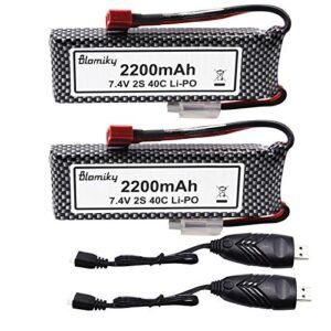 Blomiky 2 Pack 7.4V 2200mAh 16.28Wh Lipo Rechargeable Battery with T Plug and USB Charger Cable fit for 1/8 1/10 Scale WLTOYS 104001 124018 124019 RC Car Truck Helicopter Drone 124019 Battery 2