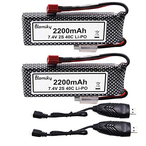 Blomiky 2 Pack 7.4V 2200mAh 16.28Wh Lipo Rechargeable Battery with T Plug and USB Charger Cable fit for 1/8 1/10 Scale WLTOYS 104001 124018 124019 RC Car Truck Helicopter Drone 124019 Battery 2