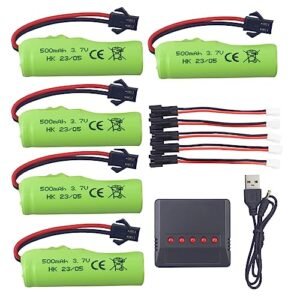 Fytoo 5PCS 3.7V 500mah Lithium Battery and 5 in1 Charger Compatible with DE35 DE38 DE40 DE50 TB202 TB201 TM201 TM202 TC141 DE44 DE55 TS201 TD202 TD161 DE84 S767 SL356A 1220A Double Sided Tumbling Stunt RC Car