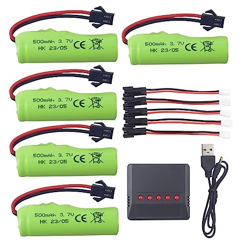 Fytoo 5PCS 3.7V 500mah Lithium Battery and 5 in1 Charger Compatible with DE35 DE38 DE40 DE50 TB202 TB201 TM201 TM202 TC141 DE44 DE55 TS201 TD202 TD161 DE84 S767 SL356A 1220A Double Sided Tumbling Stunt RC Car