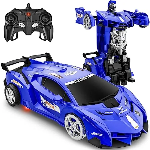 XYZ Brand Remote Control RC Transformer Robot Car Toy with LED Light for Kids Ages 3 12 Blue