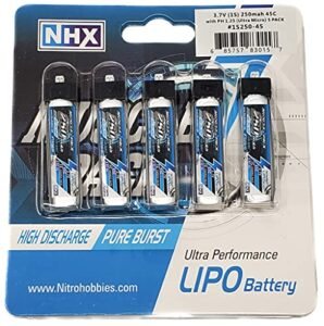NHX Muscle Pack 1S 3.7V 250mAh 45C Lipo RC Li Ion Battery Pack with Ultra Micro Connector 5 Pack