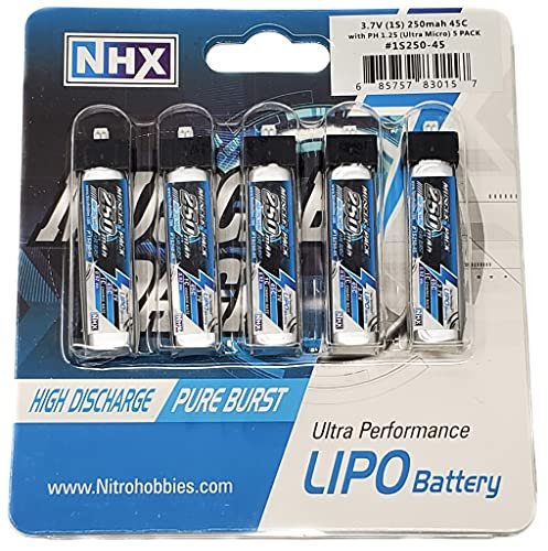 NHX Muscle Pack 1S 3.7V 250mAh 45C Lipo RC Li Ion Battery Pack with Ultra Micro Connector 5 Pack
