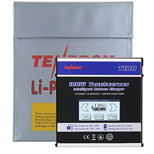 Tenergy LiPo Bag and T180 100W Balance Charger Discharger Bundle, Touch Screen RC Battery Charger for NiMH/NiCD/Li-Po/Li-Fe Packs, Compatible with Tamiya/JST/EC3/HiTec/Deans Connectors