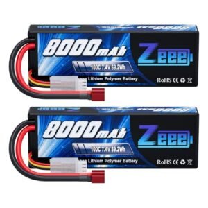 Zeee 2S Lipo Battery 8000mAh 7.4V 100C Hard Case with T Plug for Amsoil RC Truck and Other RC Models 2 Pack