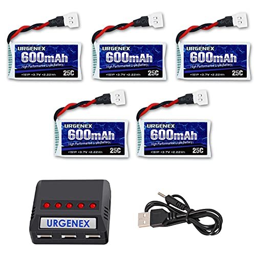 URGENEX 3.7V 600mAh Lipo Battery 5PCS with Molex Plug and USB Charger for Syma X5C 2.4G 4CH RC Quadcopter and Compatible Drones