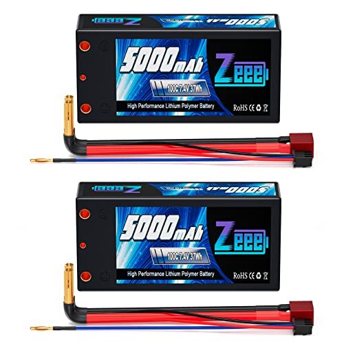 Zeee 2S Shorty Lipo Battery 5000mAh 7.4V 100C Hard Case for Aeromarine Laminates RC Boats and 1/10 Scale Vehicles 2 Pack
