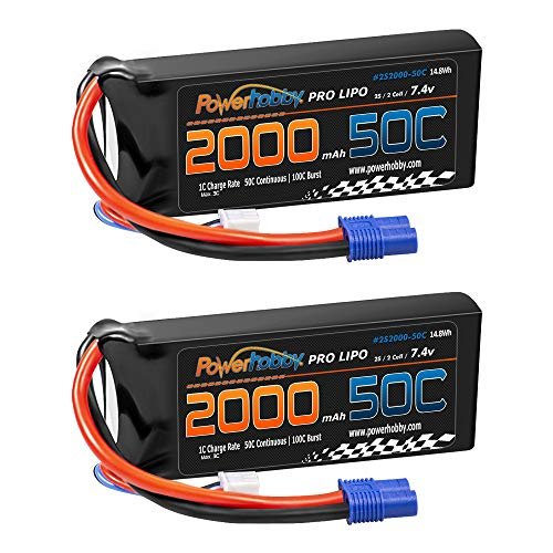 Powerhobby 2s 7.4V 2000mAh 50C Lipo Battery EC3 Plug 2 Pack Compatible with Losi Mini 8ight and 8ight T