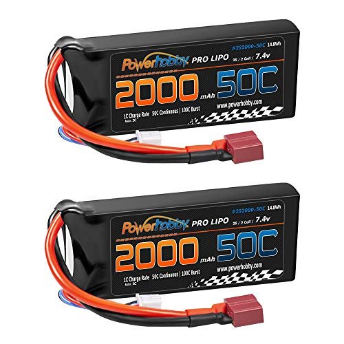 DR DERM Powerhobby 2s 7.4v 2000mah 50c Lipo Battery with Deans Plugs 2 Pack for 1/14 and 1/16 Scale RC Vehicles