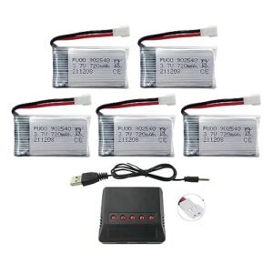 PUOO Accessory 5PCS 3.7V 720mAh Lipo Battery with 5-in-1 Charger for Syma X5C X5C-1 X5A X5 X5SC X5SW H5C V931 S5C FQ36 UFO 3000 UDI U45 U45W T5W H42 SS40 Goolrc T32 Drone