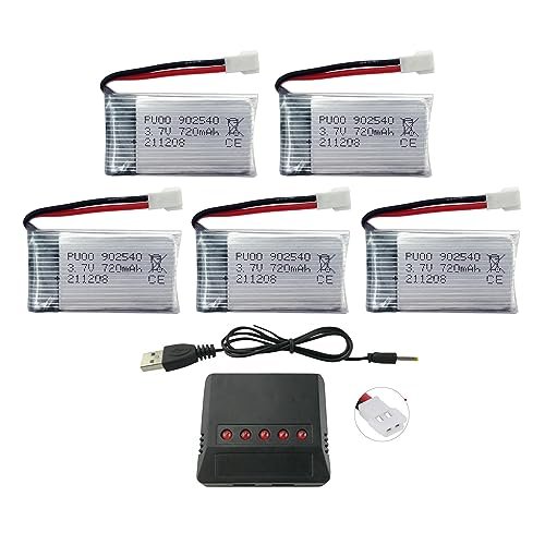 PUOO Accessory 5PCS 3.7V 720mAh Lipo Battery with 5-in-1 Charger for Syma X5C X5C-1 X5A X5 X5SC X5SW H5C V931 S5C FQ36 UFO 3000 UDI U45 U45W T5W H42 SS40 Goolrc T32 Drone