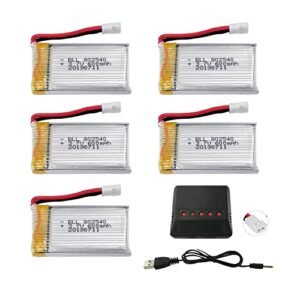 PUOO Accessory 5PCS 3.7V 600mAh Battery with 5-in-1 Charger for Syma X5C X5C-1 X5A X5 X5SC X5SW H5C V931 S5C S5W SS40 FQ36 T32 T5W H42 Remote Control Drone