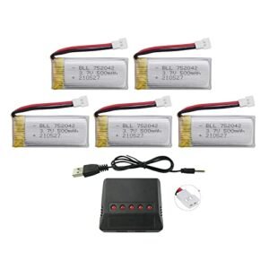 PUOO Accessory 5PCS 3.7V 500mAh 25C Drone Battery with 5 in 1 Charger Compatible with JJRC Hubsan SYMA UDI Quadcopters