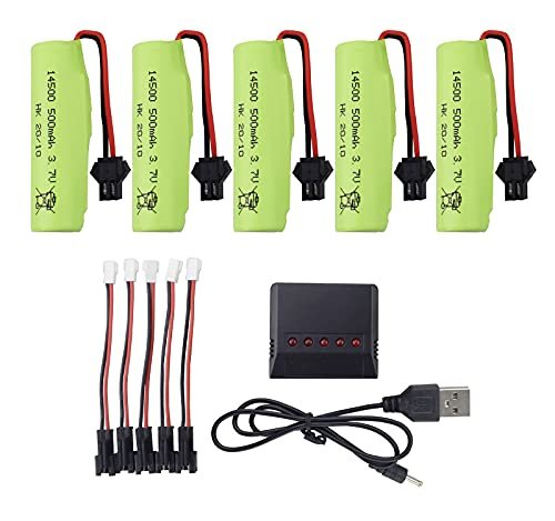 PUOO Accessory 5PCS 3.7V 500mAh Li Battery with 5 in 1 Charger for 1220A DE44 DE55 TS201 TD202 TD161 DE35 DE38 DE40 DE50 TB202 TB201 TM201 TM202 TC141 Remote Control Car
