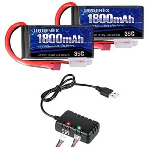 URGENEX 1800mah RC Battery 7.4V 2S 35C Rechargeable Lipo Battery Pack with Deans T Plug for 1/10 1/16 Scale RC Cars Trucks