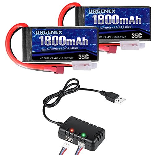 URGENEX 1800mah RC Battery 7.4V 2S 35C Rechargeable Lipo Battery Pack with Deans T Plug for 1/10 1/16 Scale RC Cars Trucks
