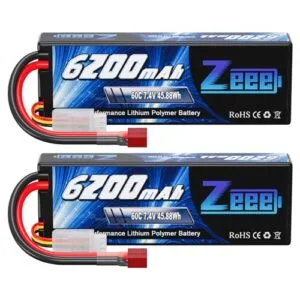Zeee 2S Lipo Battery 6200mAh 7.4V 60C Hard Case with T Connector for Cen Racing RC Truck and Other RC Vehicles 2 Pack
