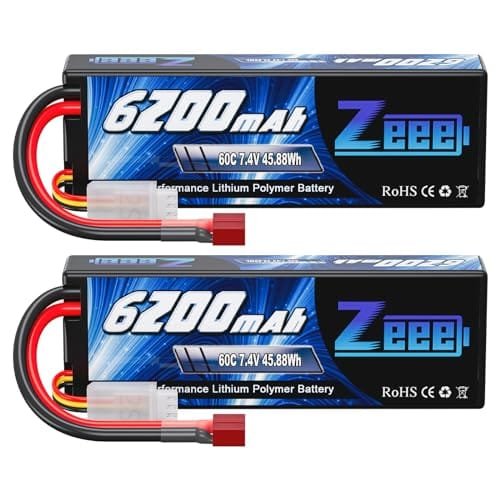Zeee 2S Lipo Battery 6200mAh 7.4V 60C Hard Case with T Connector for Cen Racing RC Truck and Other RC Vehicles 2 Pack