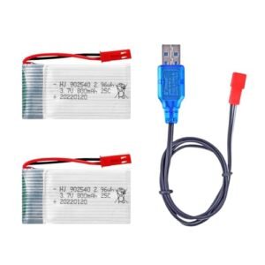 2 Pack 3.7V 800mAh 25C Rechargeable Lipo Battery with JST Plug and USB Charger for X400 X300C X800 X500 HJ818H J819S Quadcopter RC Drone Spare Parts Long Lasting Battery RC Minutes